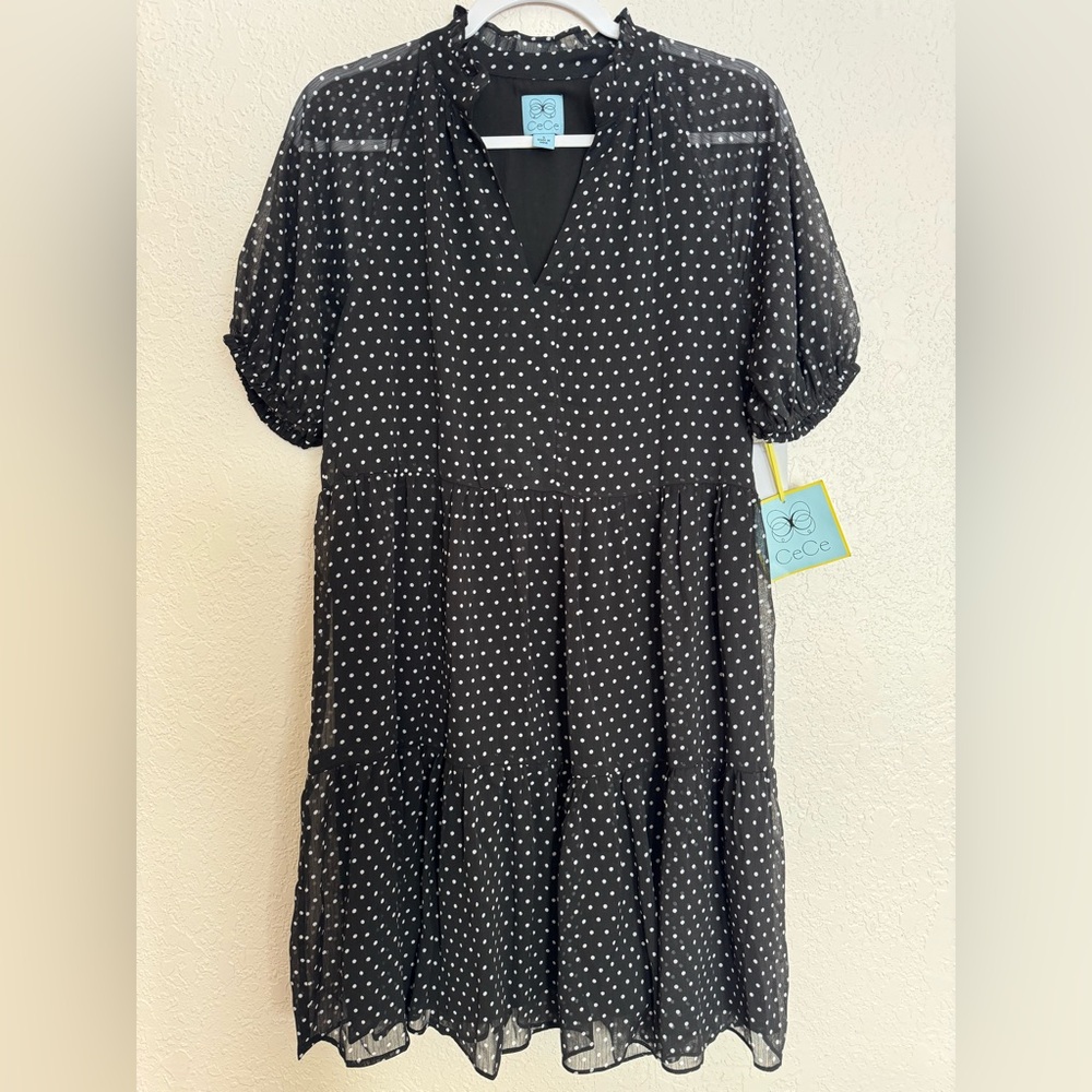 NWT Cece Chiffon Ruffle Dress Women's Small Black White Polka Dot Babydoll New